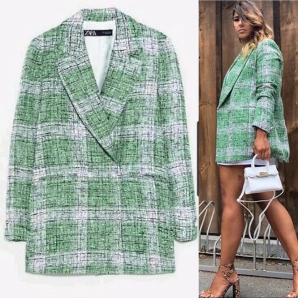 Zara Green Plaid Tweed Blazer Jacket Longline